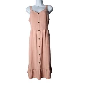 Monteau Linen Blend Button Front Dress M Pink Sleeveless Midi Boho Cottagecore